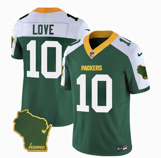 Men's Green Bay Packers #10 Jordan Love Green/White 2023 F.U.S.E. Home Patch Vapor Untouchable Limited Stitched Jersey
